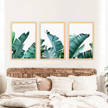 Green Banana Leaves Tropical Wall Art - 3 Piece Set.
