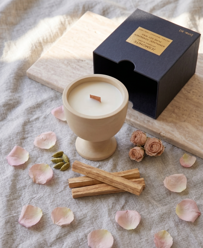 Jesmonite Pedestal Candle – Hand-Poured Soy Wax & Crackling Wood Wick