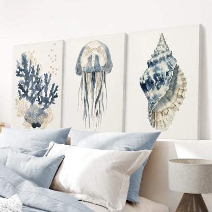 Beach House Blue Coral, Jellyfish, Shell Wall Art