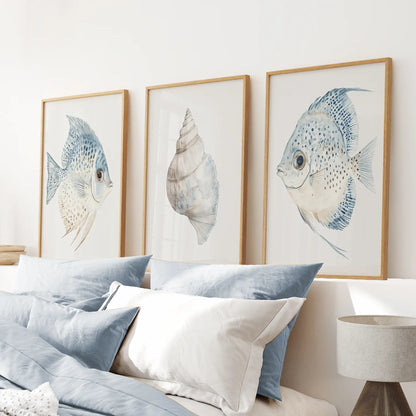 Trendy Nautical Wall Art Set of 3. Seashell and Fish Posters