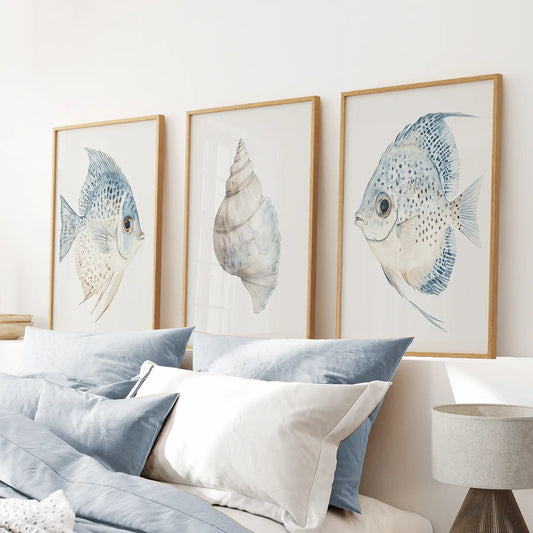 Trendy Nautical Wall Art Set of 3. Seashell and Fish Posters