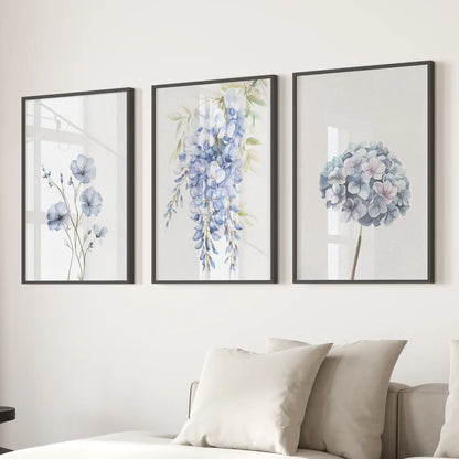 Set of 3 Blue Watercolor Minimalist Flower Prints
