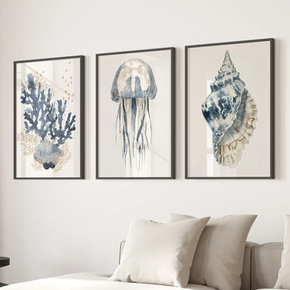 Beach House Blue Coral, Jellyfish, Shell Wall Art
