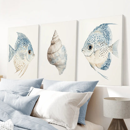 Trendy Nautical Wall Art Set of 3. Seashell and Fish Posters