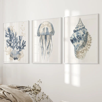 Beach House Blue Coral, Jellyfish, Shell Wall Art