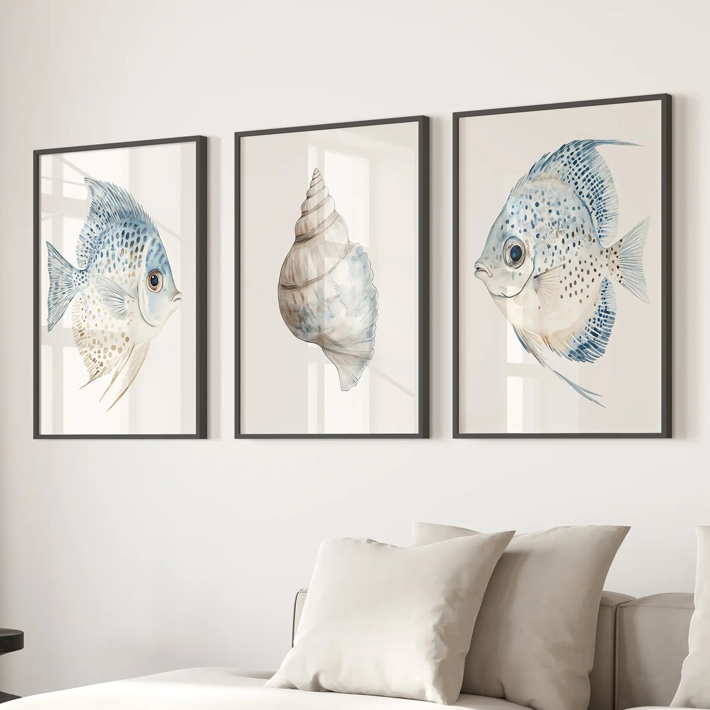 Trendy Nautical Wall Art Set of 3. Seashell and Fish Posters