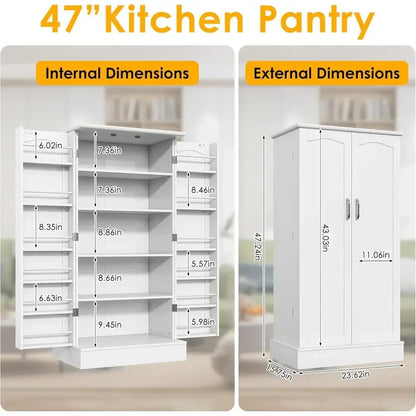 White Freestanding Kitchen Pantry Cabinet with Adjustable Shelves