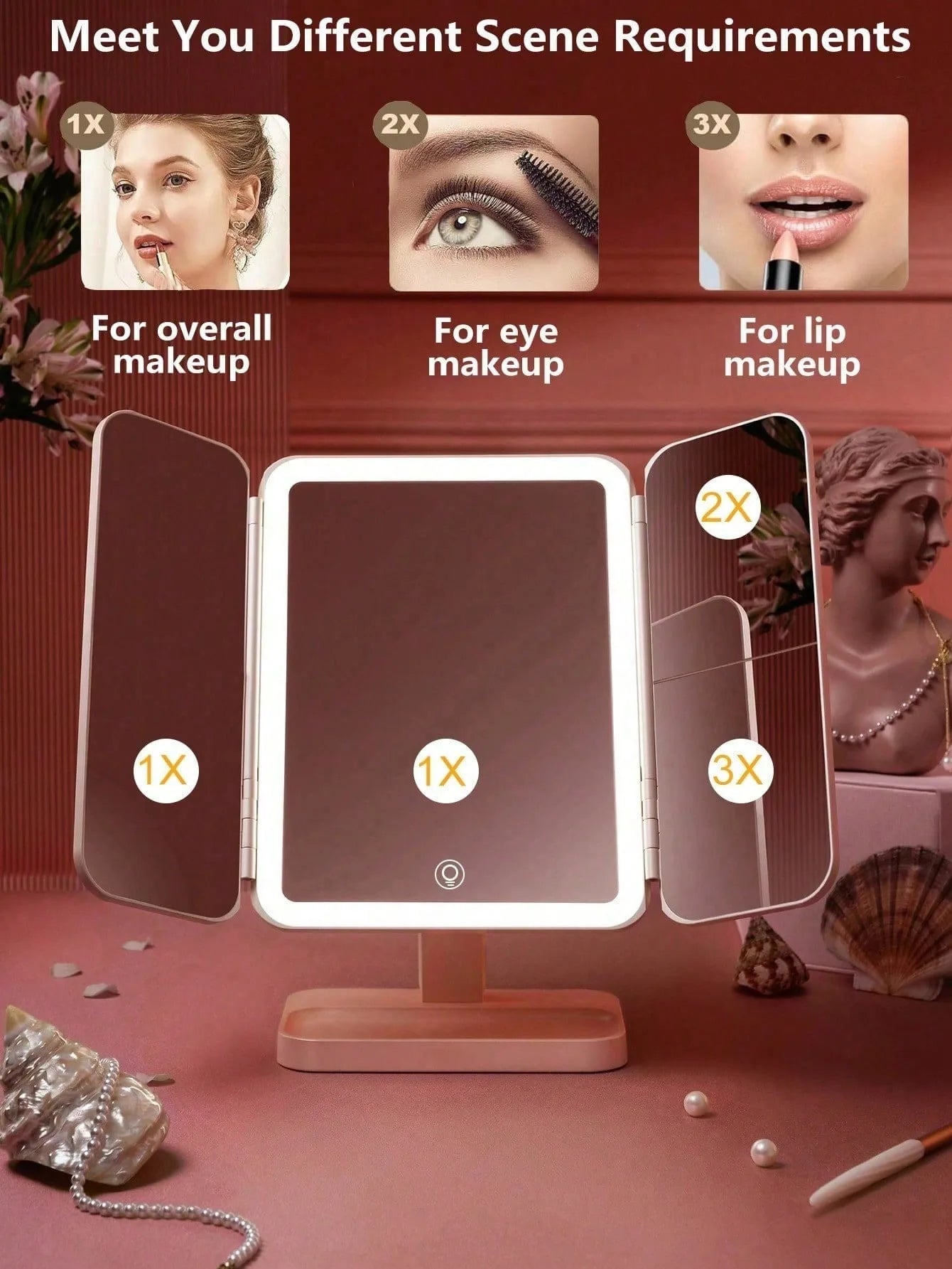 Trifold Makeup Mirror LED Lights