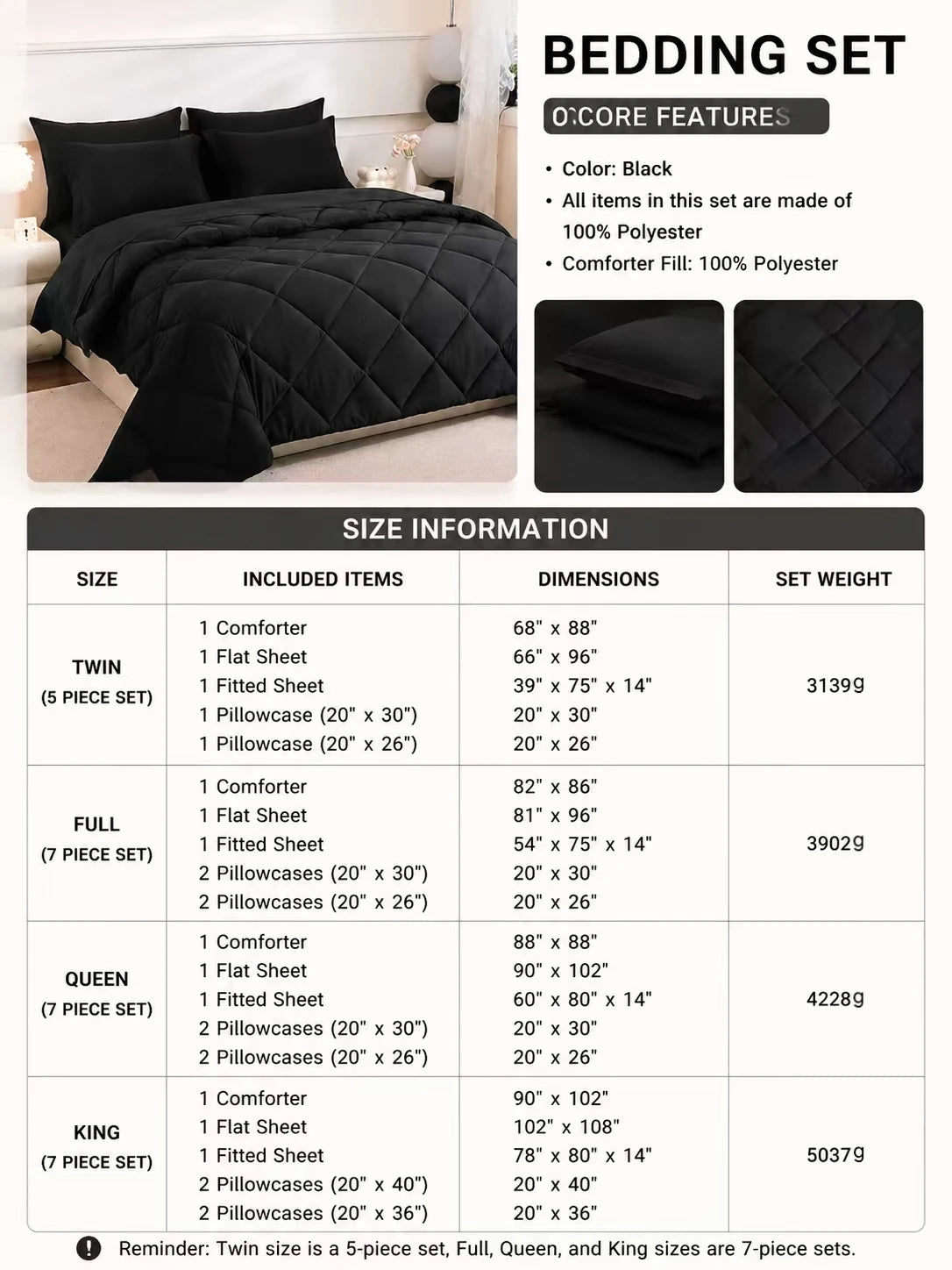 5pcs/7pcs Twin Full Queen King Bedding Sets, Comforter