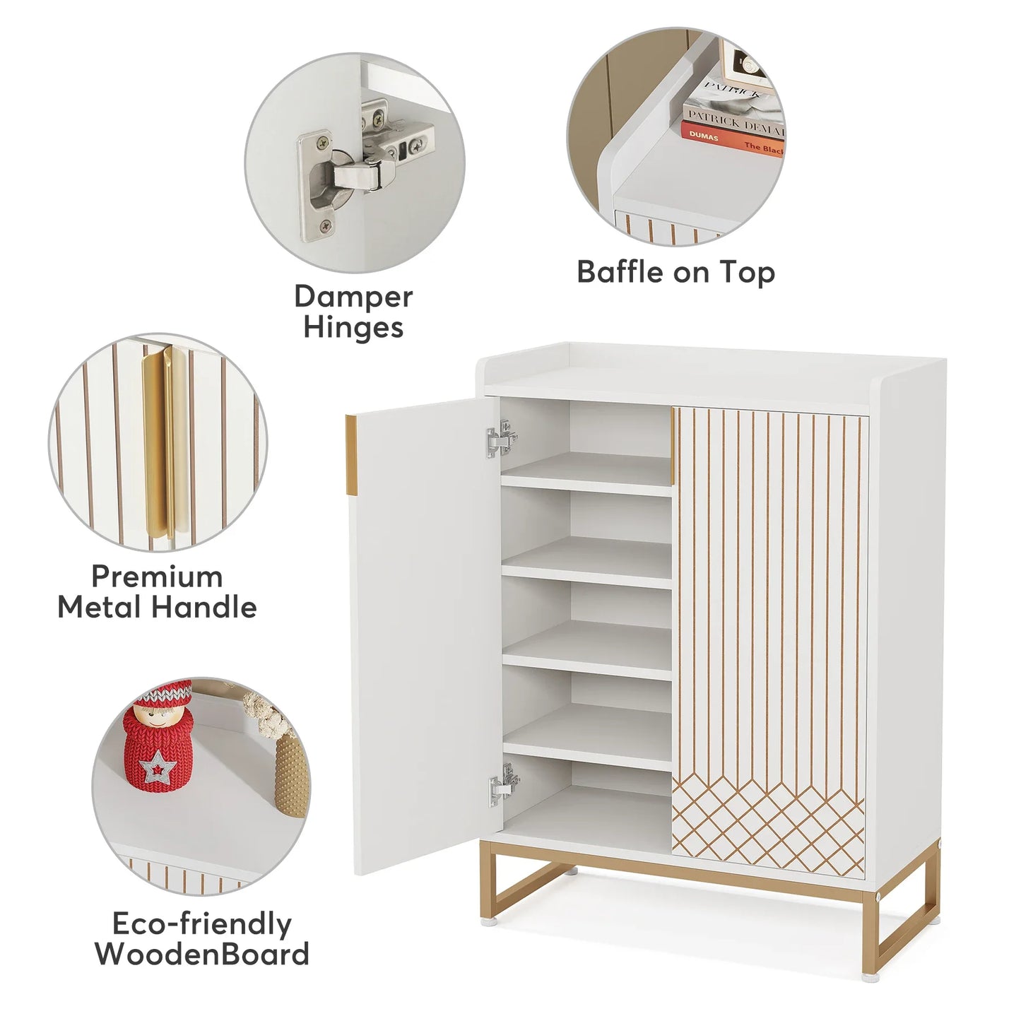 White Shoe Cabinets with Doors, 5-Tier Shoe Rack,