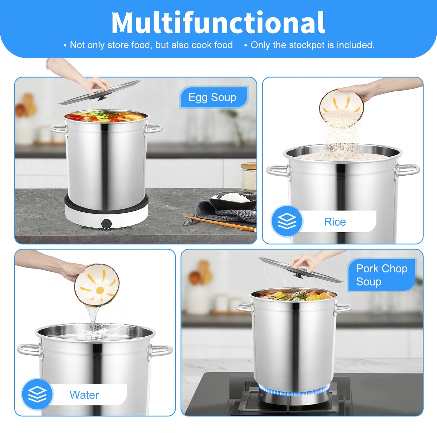 35/50/70L Soup Pot with Cover & Handles, Multi-functional Stainless Steel