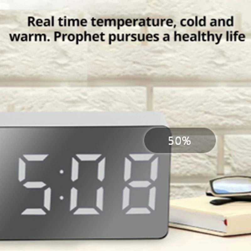 1Pc White LED Mirror Table Clock Snooze Display Time