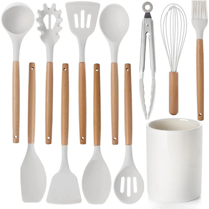 12Pcs Kitchen Utensil Set Cooking Tools Kit Wooden Handle Non-Stick Spatula Set Spatula Spoon Brush Whisk Kitchen Supplies