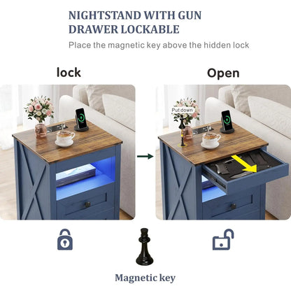 LED Nightstand with Gun Drawer: Bedside Table with Charging Station