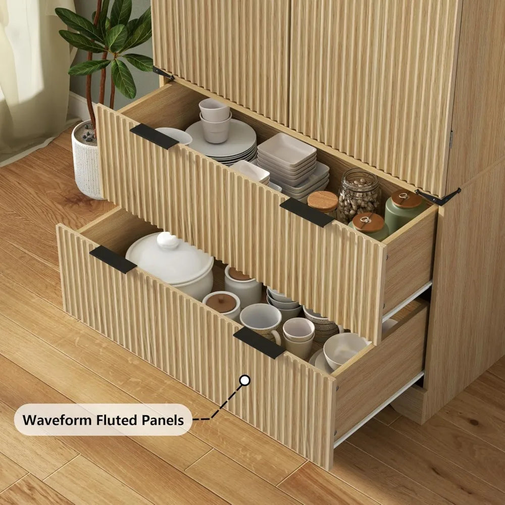 Fluted Pantry Cabinet, Adjustable Shelves, Drawers, Wine Rack