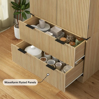 Fluted Pantry Cabinet, Adjustable Shelves, Drawers, Wine Rack