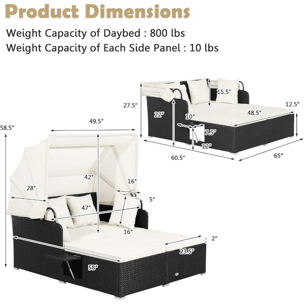 Patio Rattan Daybed Wicker  Lounger w/Retractable Canopy