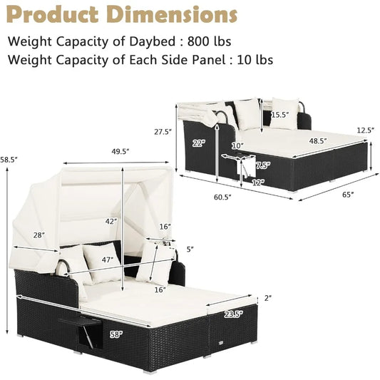 Patio Rattan Daybed Wicker  Lounger w/Retractable Canopy
