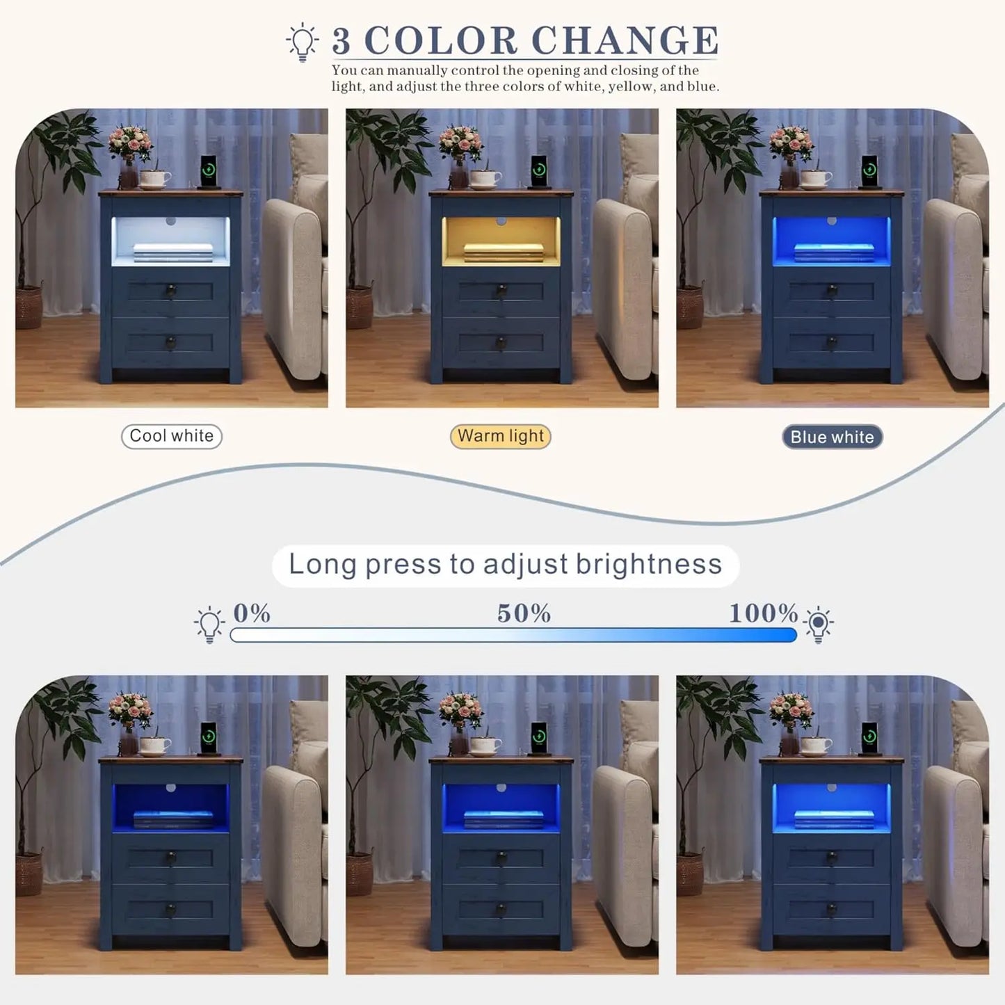 LED Nightstand with Gun Drawer: Bedside Table with Charging Station