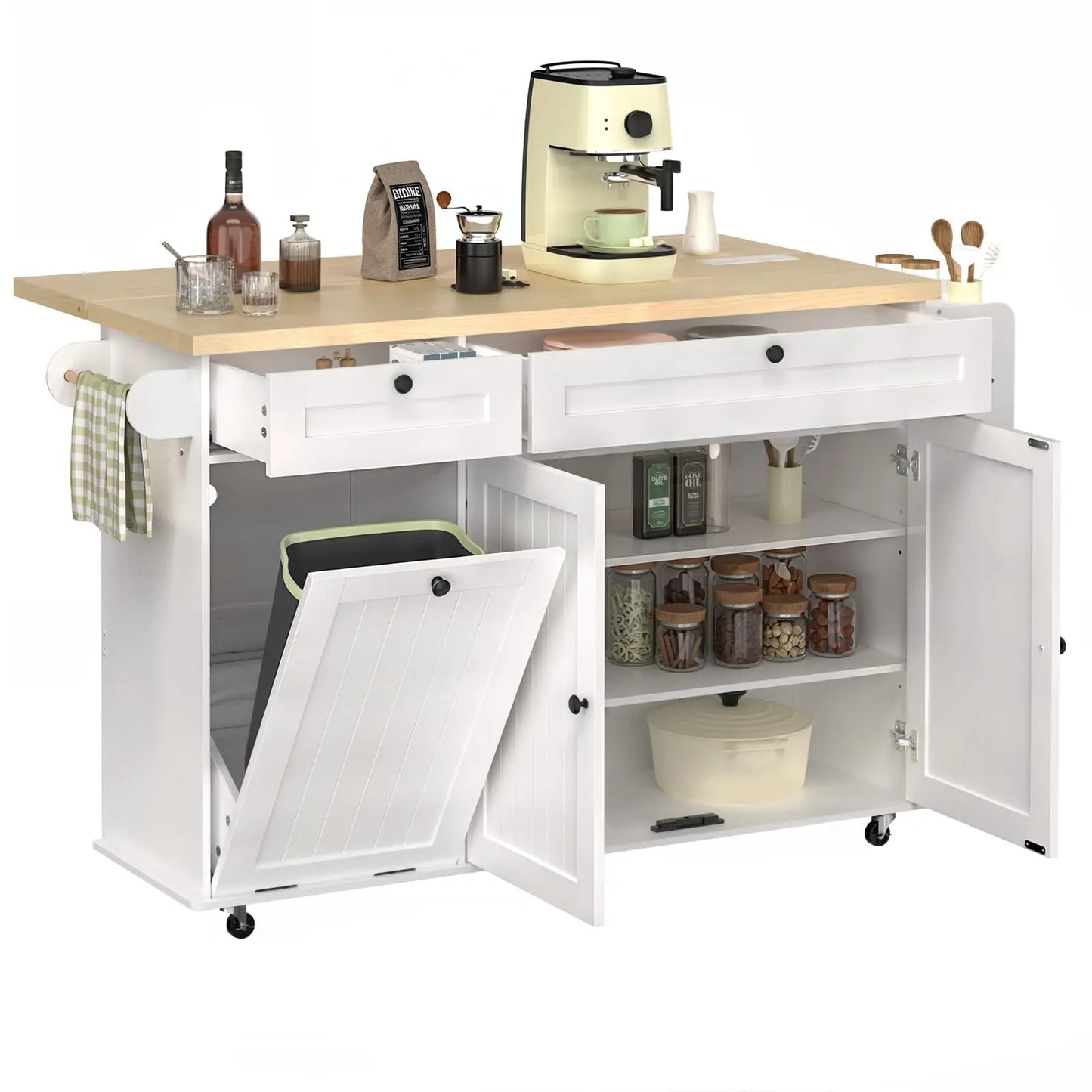 60" Mobile Kitchen Island Rolling Trolleys with Trach Bin