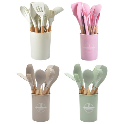 12Pcs Kitchen Utensil Set Cooking Tools Kit Wooden Handle Non-Stick Spatula Set Spatula Spoon Brush Whisk Kitchen Supplies