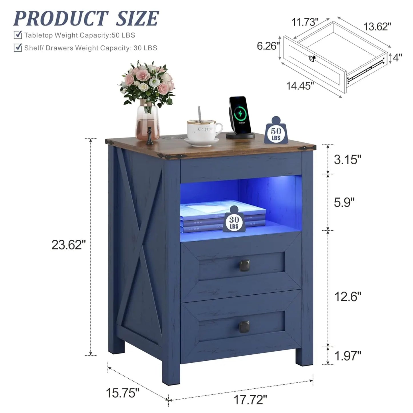 LED Nightstand with Gun Drawer: Bedside Table with Charging Station