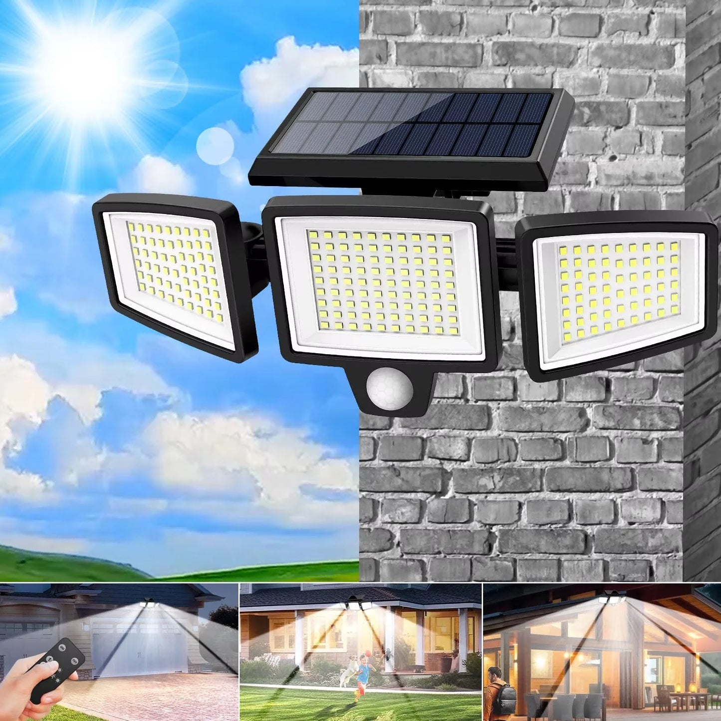 3-Head Solar Outdoor Light, Motion Sensor Security Light