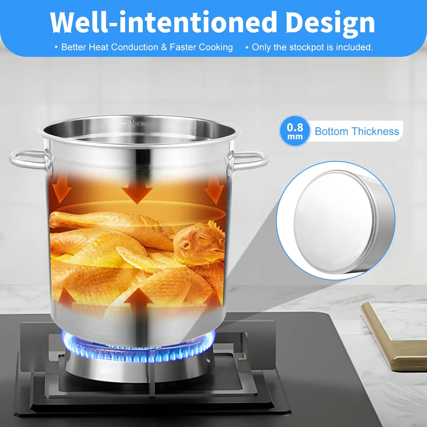 35/50/70L Soup Pot with Cover & Handles, Multi-functional Stainless Steel