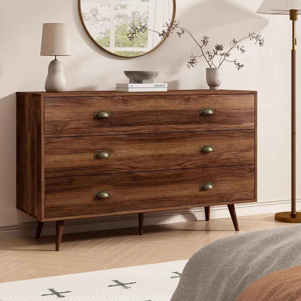 Walnut Brown Dresser for Bedroom, 6 Drawer Dresser Wood