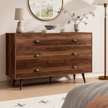 Walnut Brown Dresser for Bedroom, 6 Drawer Dresser Wood