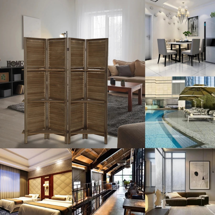 4 Panel Folding Room Divider Screen with Shelves