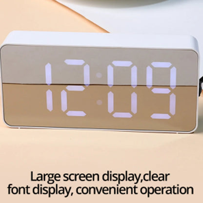 1Pc White LED Mirror Table Clock Snooze Display Time