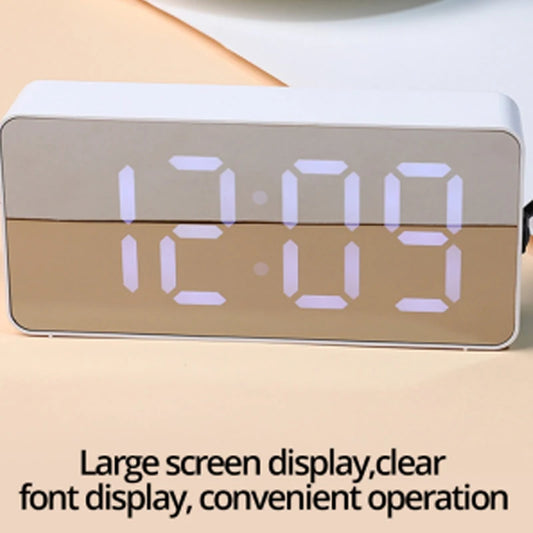 1Pc White LED Mirror Table Clock Snooze Display Time