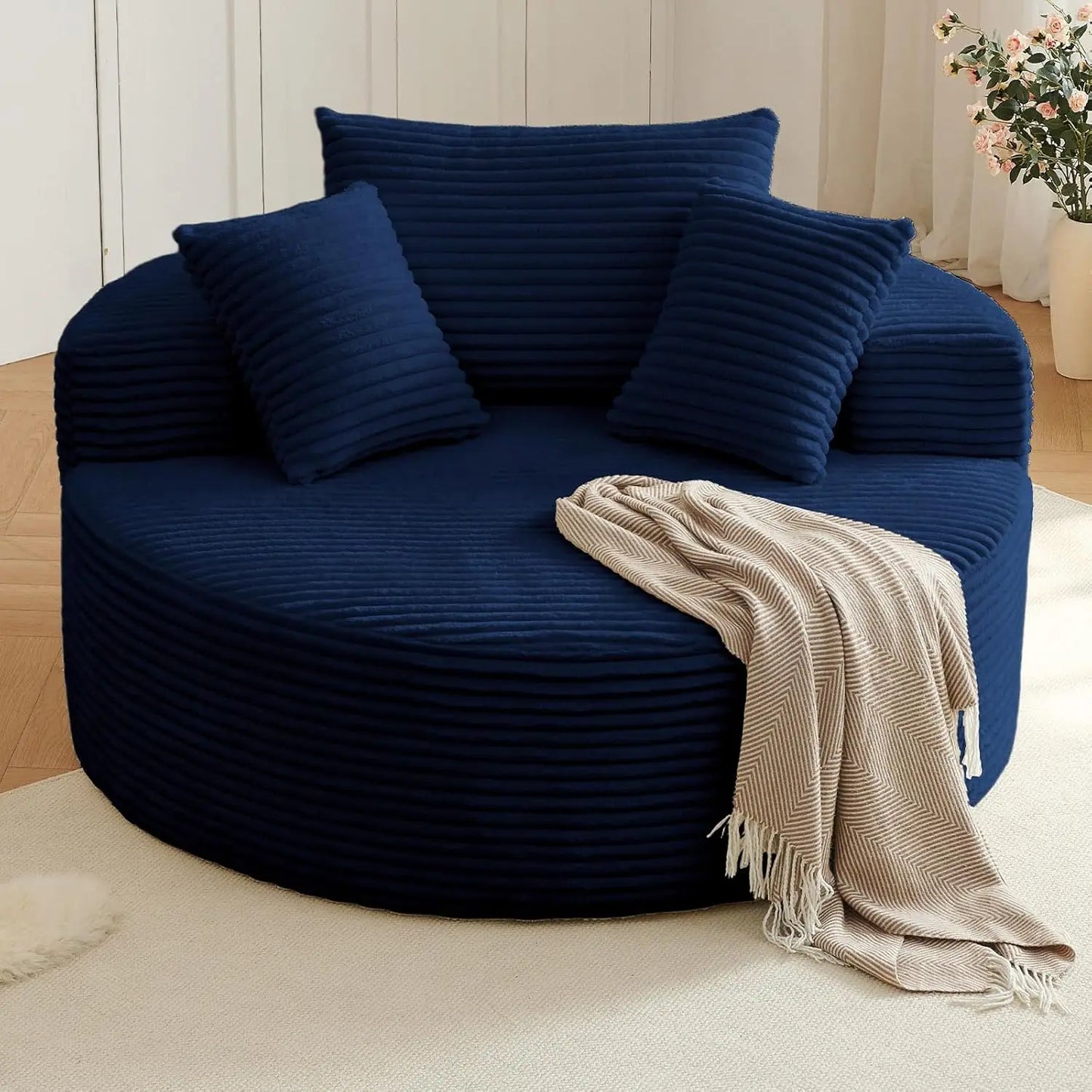 Oversized Round Chair Lounge Chaise Indoor, Upholstered Corduroy Deep Seat Cloud Large Circle Sofa Chair
