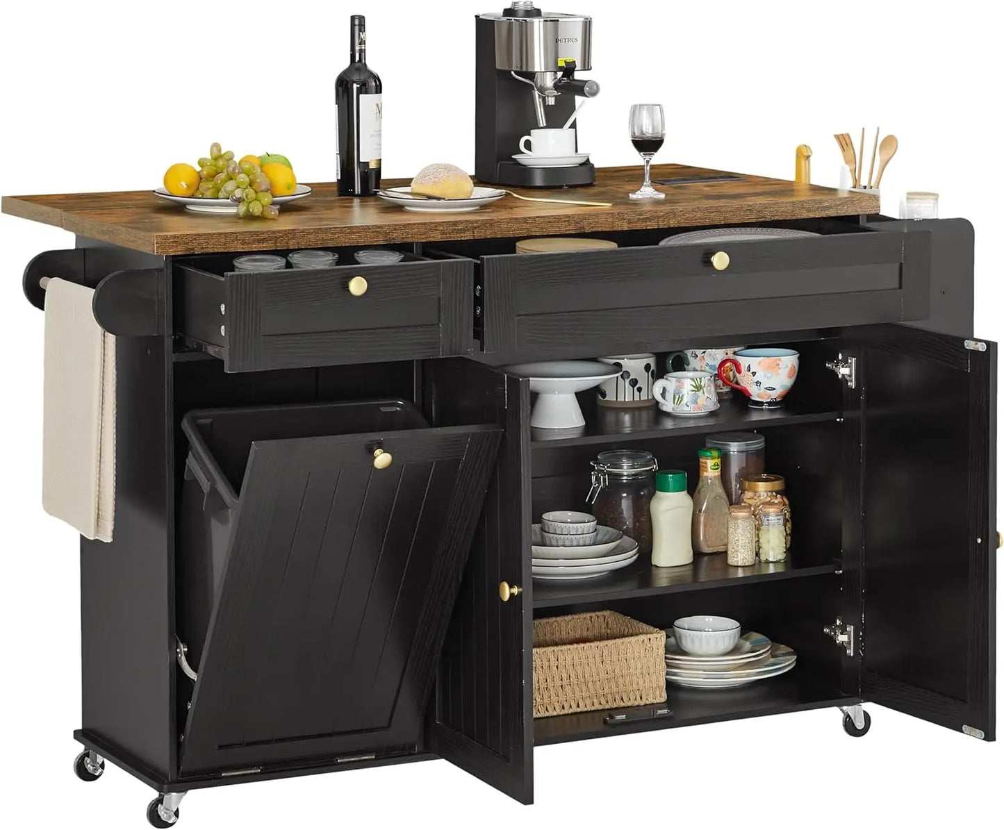 60" Mobile Kitchen Island Rolling Trolleys with Trach Bin