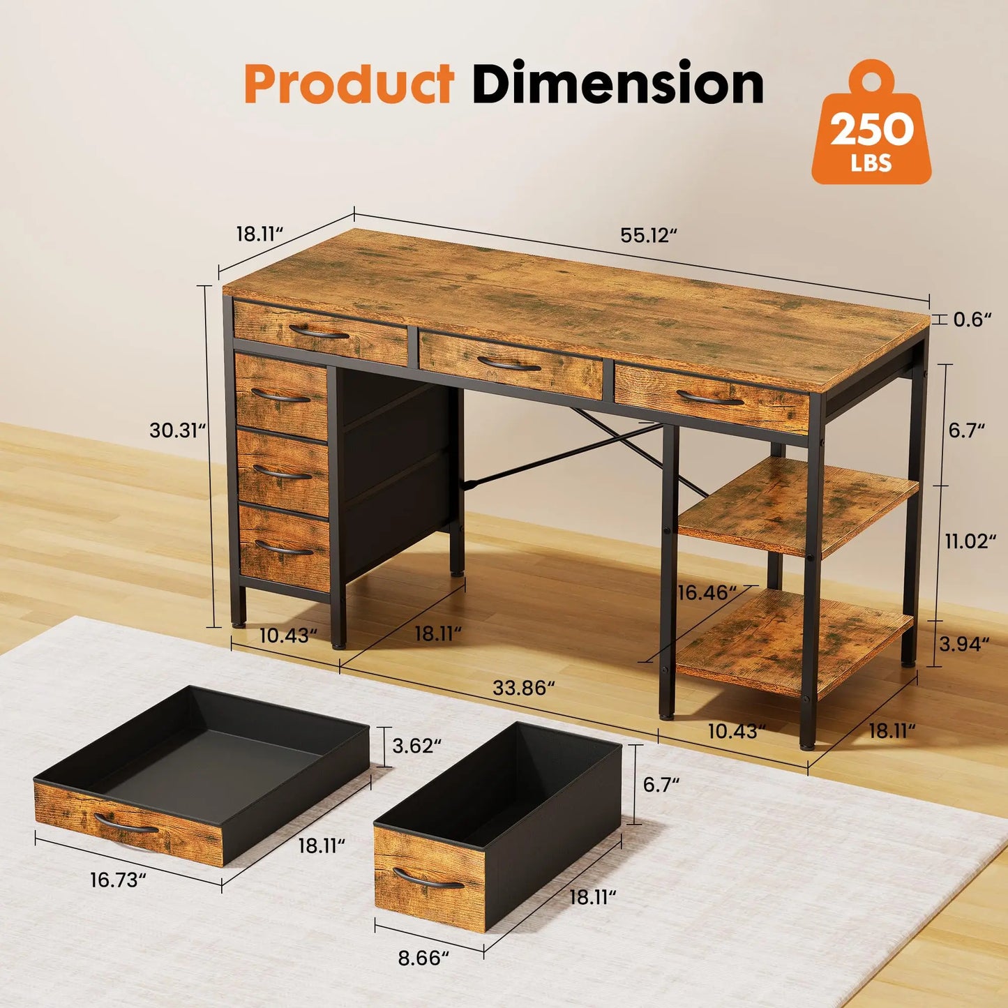 Computer Desk with 6 Drawers, Shelves for Home Office