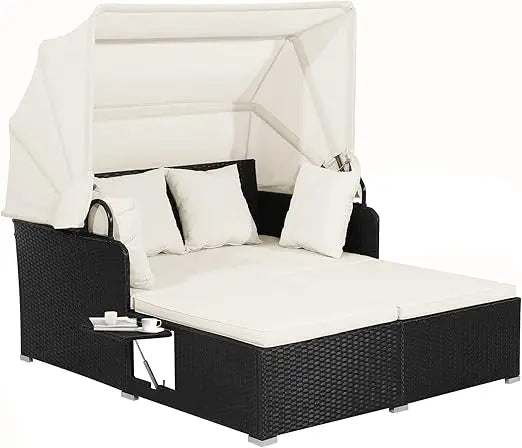 Patio Rattan Daybed Wicker  Lounger w/Retractable Canopy