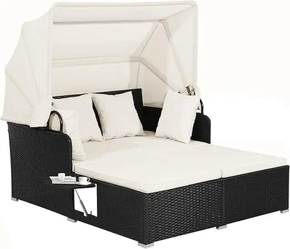 Patio Rattan Daybed Wicker  Lounger w/Retractable Canopy