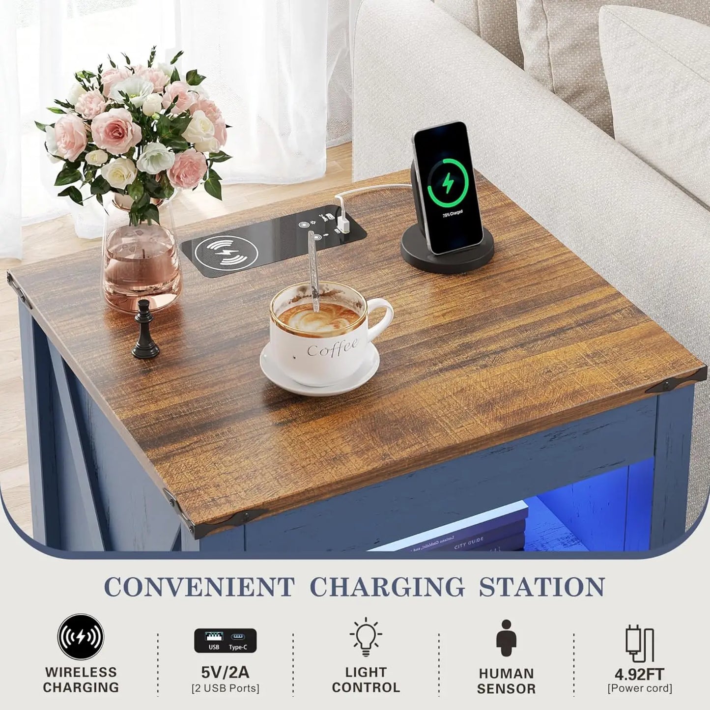 LED Nightstand with Gun Drawer: Bedside Table with Charging Station