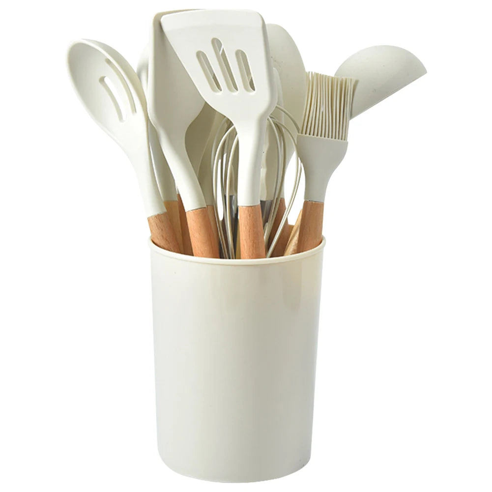 12Pcs Kitchen Utensil Set Cooking Tools Kit Wooden Handle Non-Stick Spatula Set Spatula Spoon Brush Whisk Kitchen Supplies