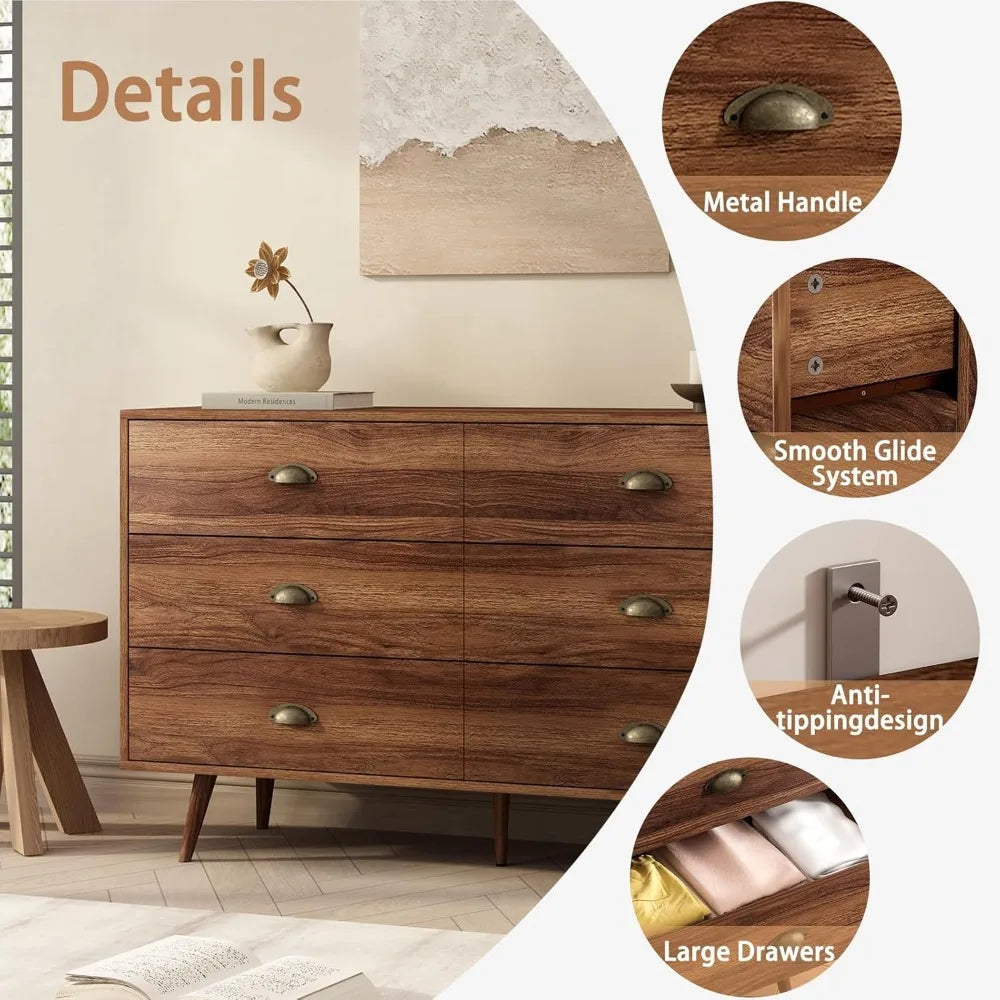 Walnut Brown Dresser for Bedroom, 6 Drawer Dresser Wood