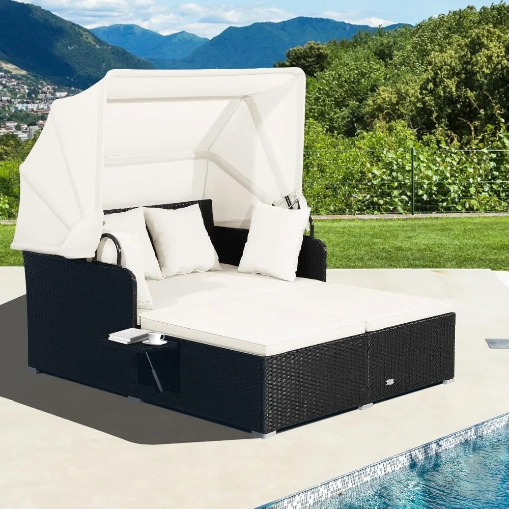 Patio Rattan Daybed Wicker  Lounger w/Retractable Canopy
