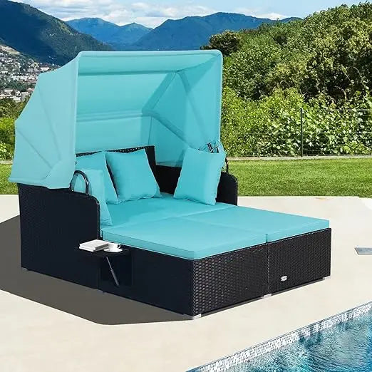 Patio Rattan Daybed Wicker  Lounger w/Retractable Canopy