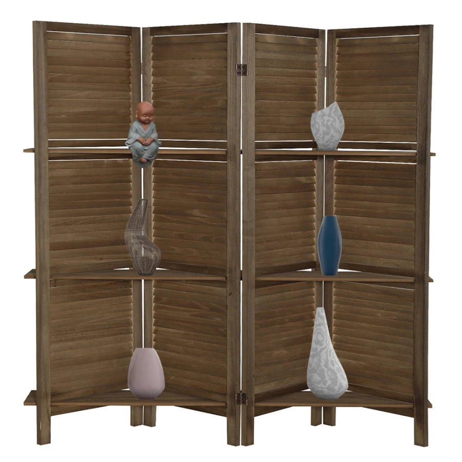 4 Panel Folding Room Divider Screen with Shelves