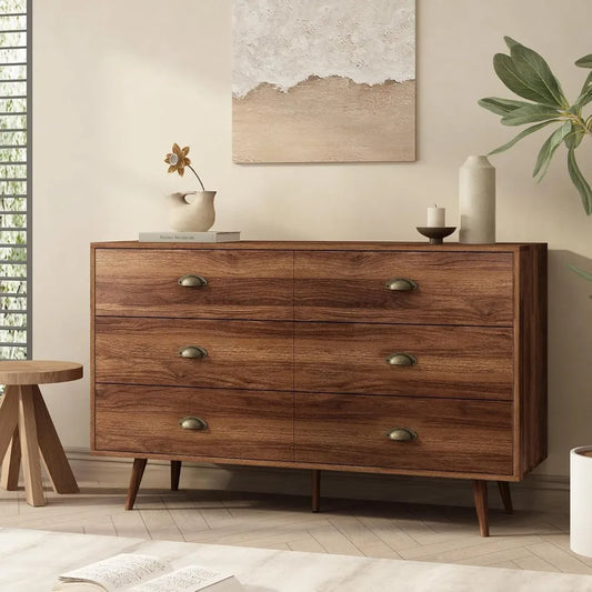 Walnut Brown Dresser for Bedroom, 6 Drawer Dresser Wood