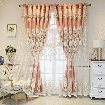 1PC Curtains,Luxury vintage-style embroidered curtains with 3D relief patterns, dual-layer design for privacy