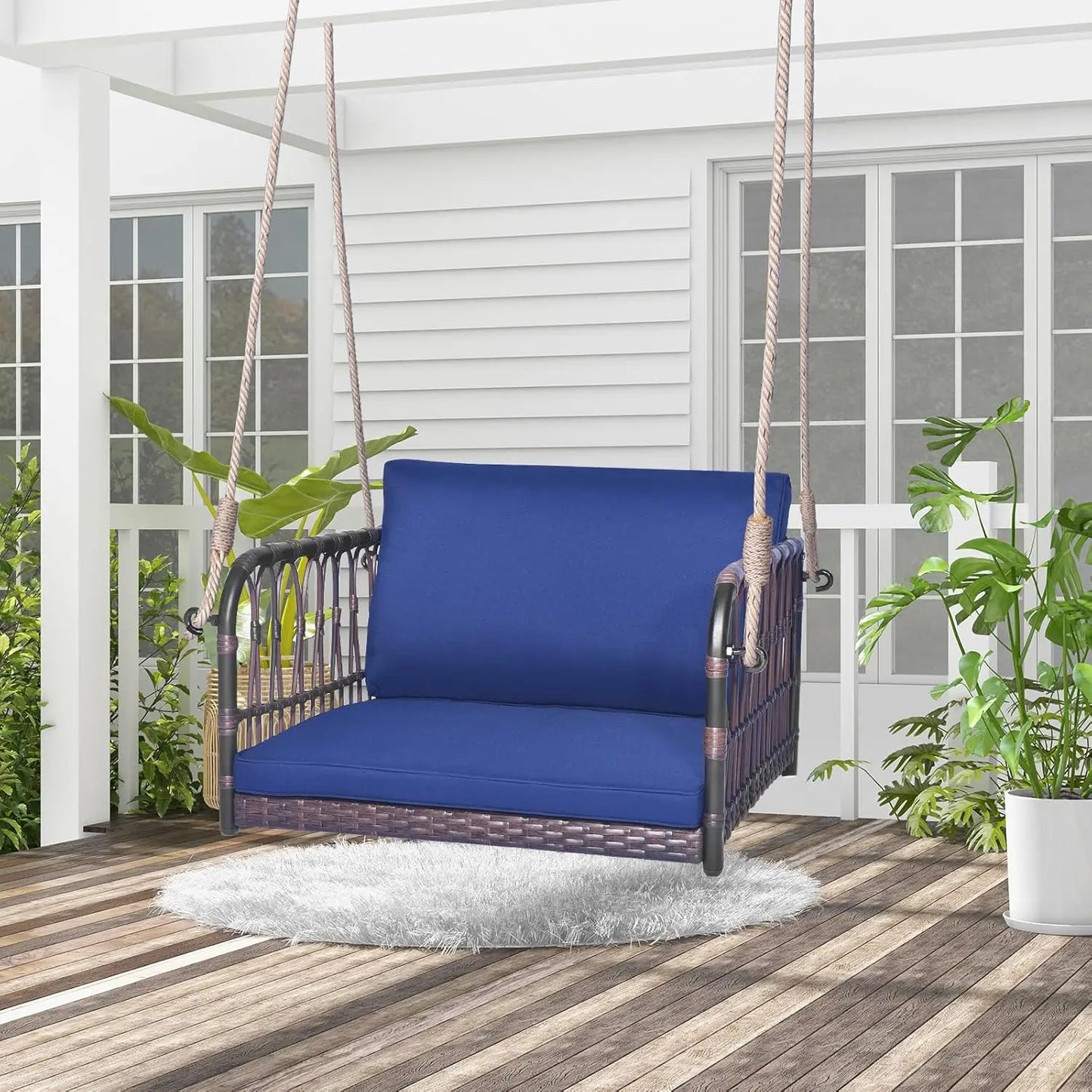 Patio Rattan Porch Swing, Single Person With Cushions