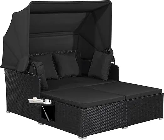 Patio Rattan Daybed Wicker  Lounger w/Retractable Canopy