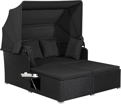 Patio Rattan Daybed Wicker  Lounger w/Retractable Canopy