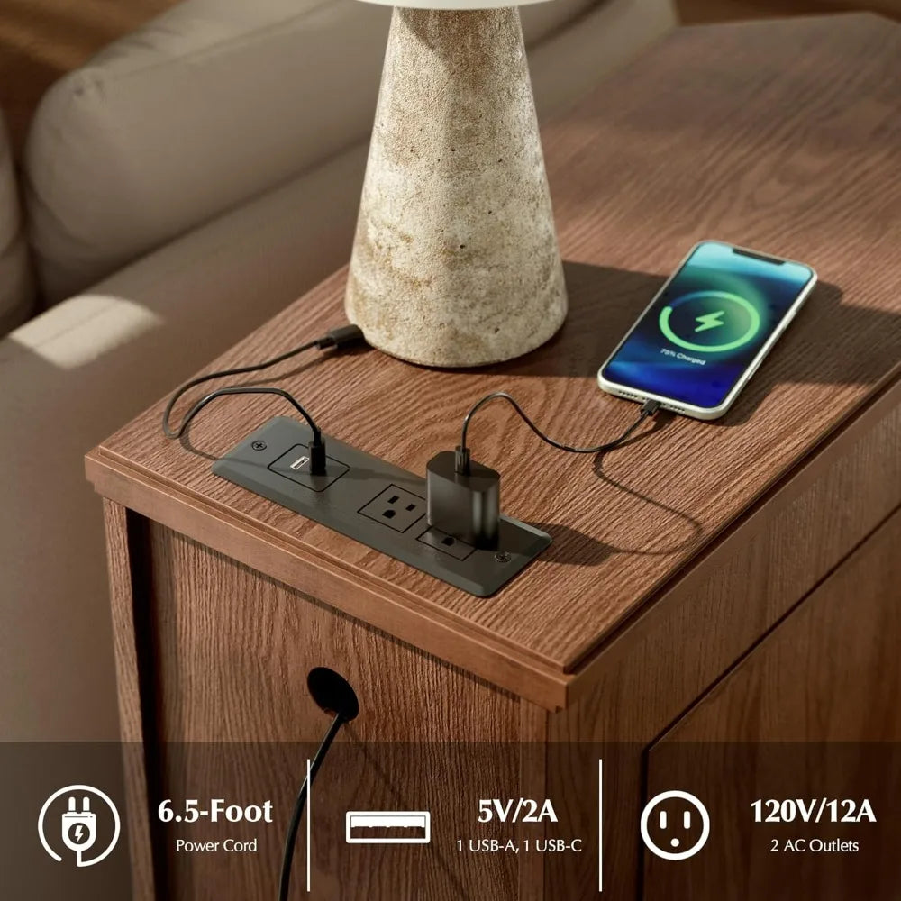 Nightstand with Charging Station Vintage Wood End Table